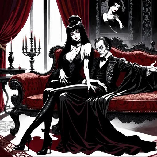 Prompt: Junji Ito manga style Black and White, Elvira Mistress of the Dark lying on her side on a Chaise Lounge with Lionel Atwill next her), baroque style, dark color scheme, elegantly gothic attire, intricate details, dim lighting, dramatic shadows, opulent background, luxurious textures, ornate furniture, deep reds and blacks, baroque patterns, solemn atmosphere, rich color tones, dark romanticism, ultra-detailed, 4K, photorealistic masterpiece, timeless elegance.