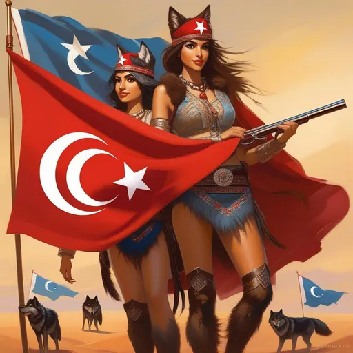 Prompt: Turkish wolfgirls, Turkish flag, cartoony style, extremely detailed painting by Greg Rutkowski and by Henry Justice Ford and by Steve Henderson 