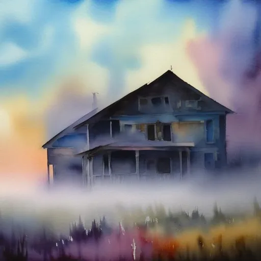 Prompt: (masterpiece, best quality:1.2), A watercolor painting of skeleton resting against an abandoned house on a misty morning