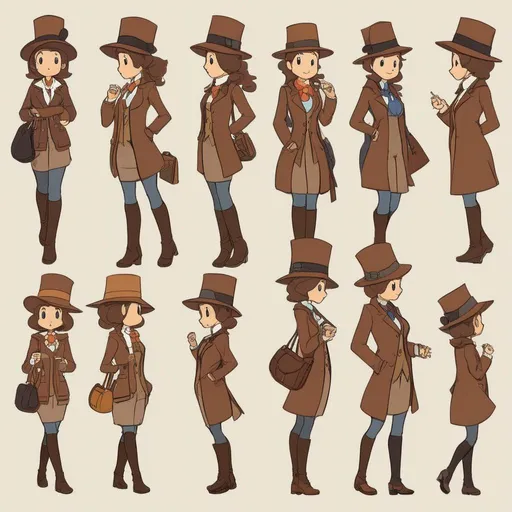 Prompt: professor-layton-style character concept art for a woman character