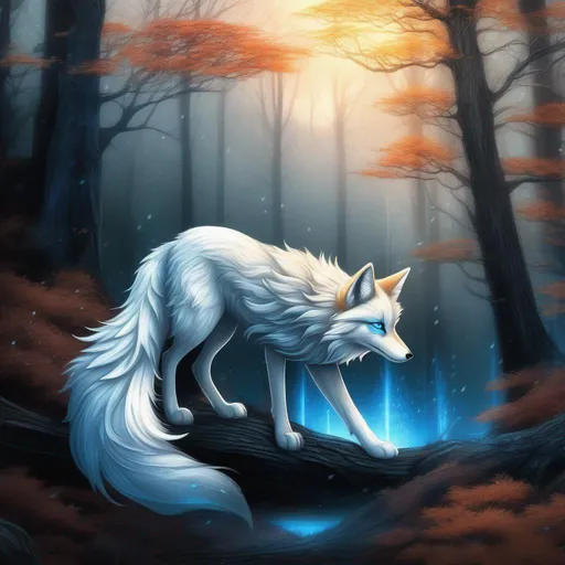 Prompt: (masterpiece, 2D, ultra detailed, epic digital art, professional illustration, fine colored pencil), Adolescent runt ((kitsune)), (canine quadruped), nine-tailed fox, dreamy blue eyes, fuzzy {black-silver} pelt, pointy silver ears, in a large forested clearing, trees tower above her, misty rain, clear puddles on floor, the forest lights up against twilight, possesses ice, timid, curious, cautious, nervous, alert, expressive bashful gaze, slender, scrawny, fluffy mane, {frost} on face, dynamic perspective, frost on fur, fur is frosted, sparkling ice crystals in sky, sparkling ice crystals on fur, sparkling rain falling, frost on leaves, dreamy, melodic, highly detailed character, petite body, large ears, full body focus, perfect composition, trending art, 64K, 3D, illustration, professional, studio quality, UHD, HDR, vibrant colors