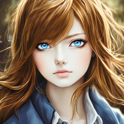 Prompt:  anime, golden brown hair woman, blue eyes,

