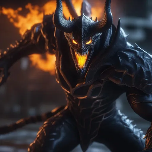 Prompt: a death knight with a Venom mouth (Venom movie), with horns forward on his forehead, orange fire eyes, figthing agaist evil, Hyperrealistic, sharp focus, Professional, UHD, HDR, 8K, Render, electronic, dramatic, vivid, pressure, stress, nervous vibe, loud, tension, traumatic, dark, cataclysmic, violent, fighting, Epic