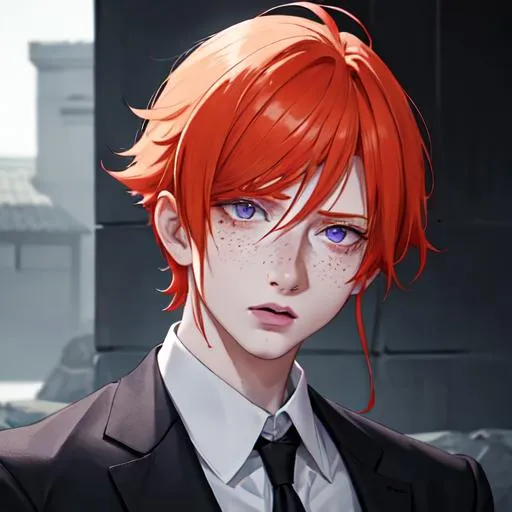 Prompt: Erikku male (short ginger hair, freckles, right eye blue left eye purple) UHD, 8K, Highly detailed, insane detail, best quality, high quality. As the godfather, mafia, crime lord, sadistic look on his face