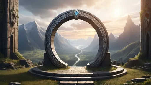 Prompt: circular portal, gateway between cities realms worlds kingdoms, ring standing on edge, freestanding ring, chevrons on ring, complete ring, panoramic view