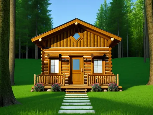 Prompt: wood cabin, green grass