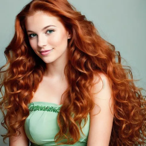 Prompt: Create a portrait of a beautiful, confident, and intelligent-looking young woman with flowing red hair. The girl should have a bright and lively expression with sparkling green eyes and a subtle smile on her lips. Her hair should be styled in soft waves, cascading down her shoulders and framing her face. The portrait should capture her beauty and inner strength, with a focus on the intricate details of her facial features and the rich texture of her hair. Use warm, natural tones to bring out the richness and depth of her hair color, and pay attention to the play of light and shadow to create a sense of depth and realism in the image.