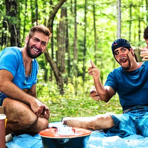 Prompt: show me men having fun camping