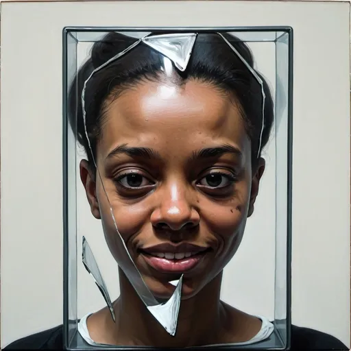 Prompt: black female, teenage, smile, head, noir, figurative, human figure, abstract, existentialism, francis bacon, uncomfortable, broken glass