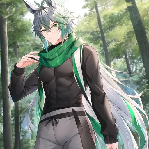 Prompt: Male. masculine build. human animatronic hybrid, with focused emerald eyes. Emerald colored feathery PEGASUS tail. Short dark Green ombre hair. horse ears. adult He wears grey comfy leggings, a white oversized sweater, brown boots. And a green scarf. Anime style. UHD, HD, 4K. In the forest.