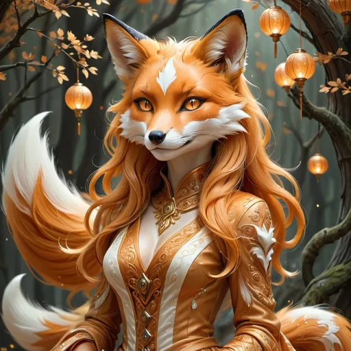 Prompt: Female human kitsune, elegant features, enchanting fox-like attributes, shimmering tails blended with soft silks, swirling patterns, eyes glowing with mystique, surrounded by a dreamlike forest gleaming with ethereal light, whimsical ambiance, intricate details in fur texture, vibrant shades of orange and gold, HD quality, fantasy art style.