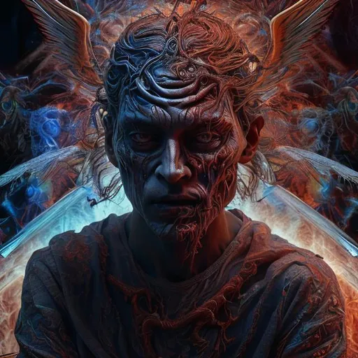 Prompt: human man who is having a psychedelic hallucination of angels and demons coming out of his body side view seated on a chair detailed faces hyper realistic extremely detailed dark cinematic 4K