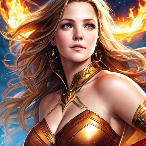 Prompt: Poster art, high-quality high-detail highly-detailed breathtaking hero ((by Aleksi Briclot and Stanley Artgerm Lau)) - ((Drew Barrymore)) , Hero pose ,full form, epic, 8k HD, fire, sharp focus, ultra realistic clarity. Detailed face, portrait, realistic, close to perfection 