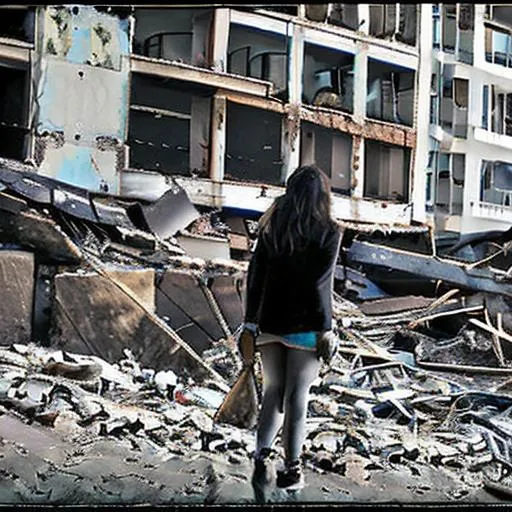 Prompt: As I look through my camera lens, I see a young woman standing amidst the ruins of what used to be a bustling city. She wears tattered clothing and carries a rusty old sword on her back, a sign of the dangerous world she lives in. Her eyes reveal the hardships she has faced, yet there is a glimmer of hope and determination that still shines within her. As she walks, she scans the horizon for any signs of danger, ready to face whatever challenges come her way in this post-apocalyptic world. The rubble and decay of the world around her only serves to highlight her strength and resilience, making her a true survivor.