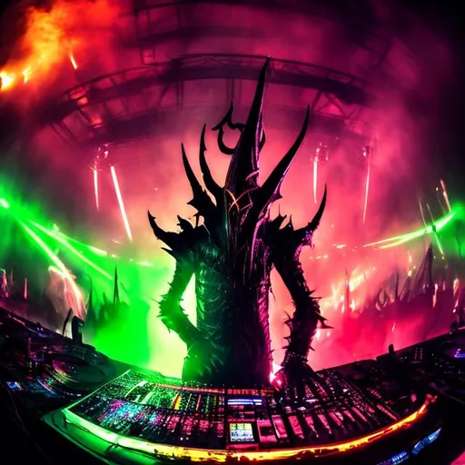 Prompt: Sauron at a dj table performing at a rave, epic image, thug life, gang shit, wide angle 