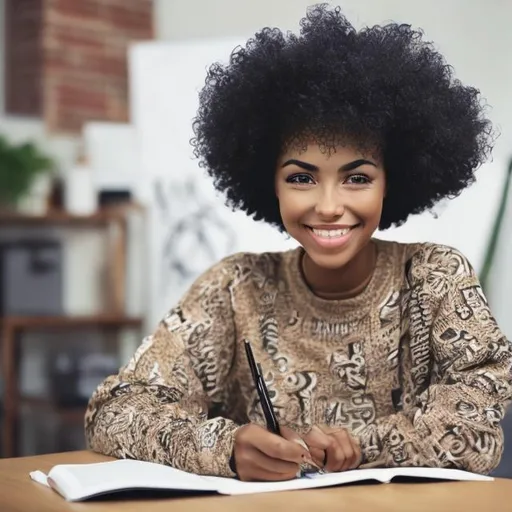 Prompt: Black woman with afro hair braided and writing
