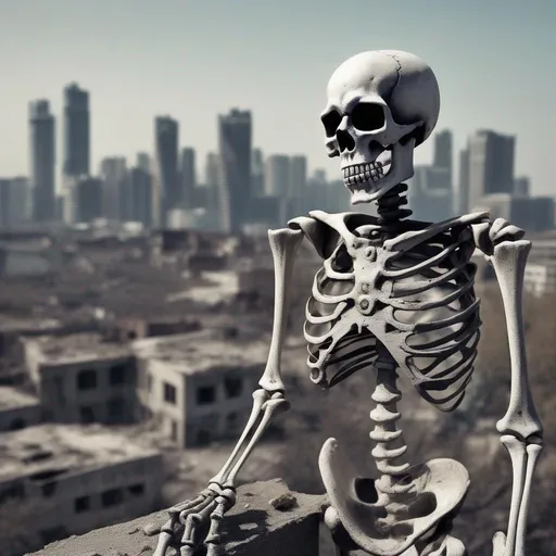 Prompt: a skeleton looking to nowhere..with a destroyed city on the background