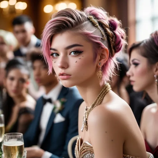 Prompt: Traditional Wedding dinner scene, blurred background, 3/4 view, (18-year-old tomboy punk girl), hyper-detailed face, nose ring, tattoos, piercings, vibrant traditional ballroom wedding reception, sitting near wedding cake,  wearing feminine pastel colored bridesmaids wedding dresse, expressive face showing curiosity, messy hair contrasting with elegant dresses, cozy atmosphere, warm natural light streaming in, intricate details in clothing textures, rich colors, inviting ambiance, playful and youthful vibes, ultra-detailed, HD quality.