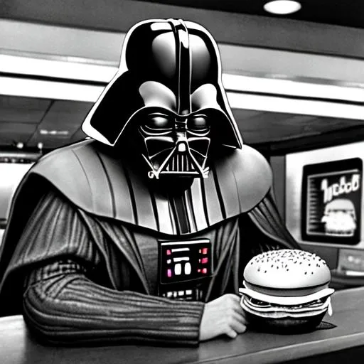 Prompt: can you make a photorealistic darth vader ordering a hamburger in a 1960 mcdonalds