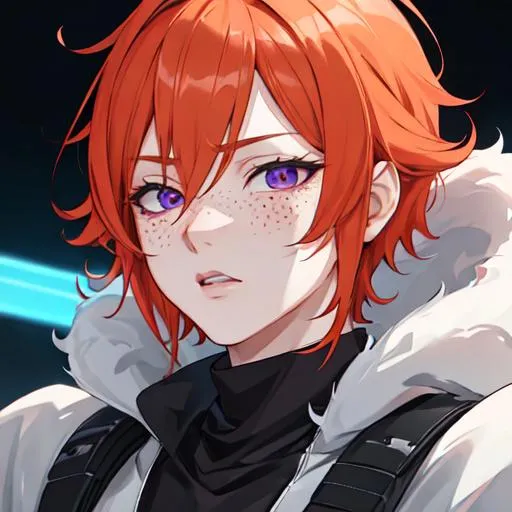 Prompt: Erikku male adult (short ginger hair, freckles, right eye blue left eye purple) UHD, 8K, Highly detailed, insane detail, best quality, high quality, anime style, exhausted