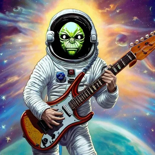 Prompt: actual photo of astronaut jesus playing alien guitar, surprise me