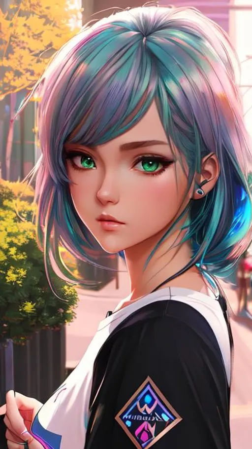 Prompt: illustration art, front, modern fashion, epic Instagram, artstation, hyperdetailed, unreal engine, modern anime anime style, complementary colors, 8k, deviantart masterpiece, oil painting, heavy strokes, young girl, blue hair, green pearl eyes, T-shirt, tight sleeve shirt