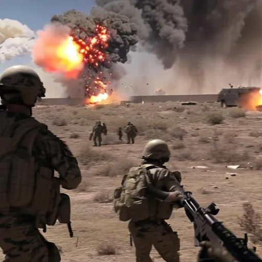 Prompt: United States Us Army pinned down by isis gunner while people die around the with explosions in the background and more people getting killed while a guy shoots his m4a1 and another guy runs towards the gunner
