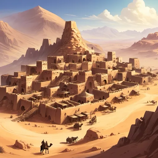 Prompt: Fantasy Illustration of a berber settlement, several buildings surrounding a desert stronghold, entire settlement, immersive world-building, high quality, detailed, epic scale, fantasy, desert mountain background 