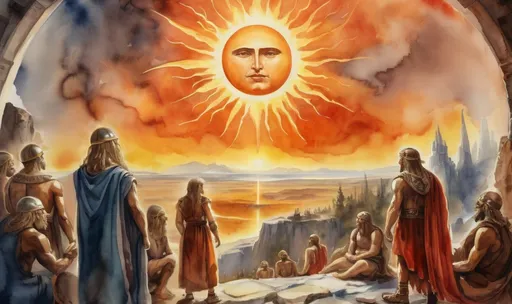 Prompt: in the foreground are the ancient people Hyperboreans, who possessed secret knowledge and worshiped the sun god, in the background a view of Hyperborea, watercolor, oil painting, a masterpiece, the legendary northern country, the ancient Slavs, the ancient Greeks