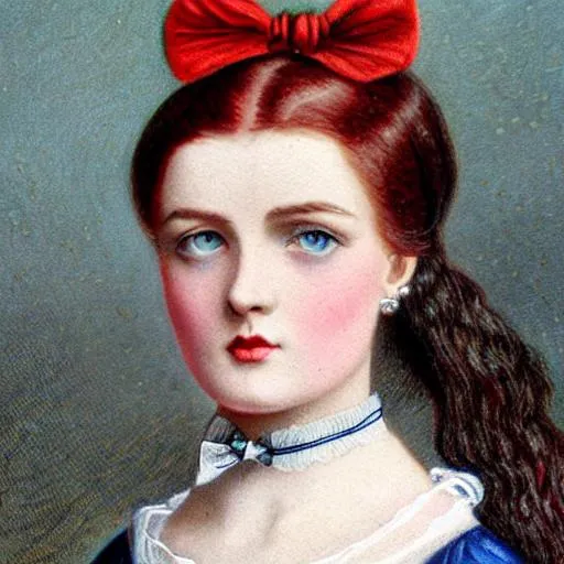 Prompt: Color portrait of a beautiful Victorian girl with red hair and dark blue eyes. Wearing a dark blue gown and a hair bow.