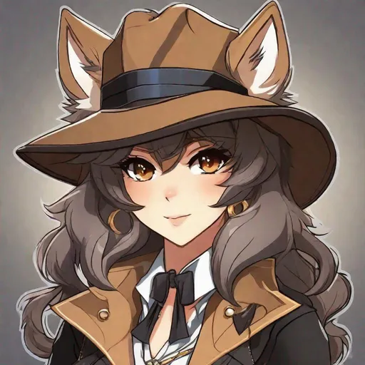 Prompt:  small-framed glamrock wolf, with deep-set light brown eyes. They identify as female, and have a monotonous voice. As an accessory, they have a hat, and they can be seen wearing ribbons. Anime style. 