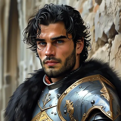 Prompt: A kingsguard, tall, broad shouldered, dark hair, facial hair, Grey eyes, and he is in love with Princess 
