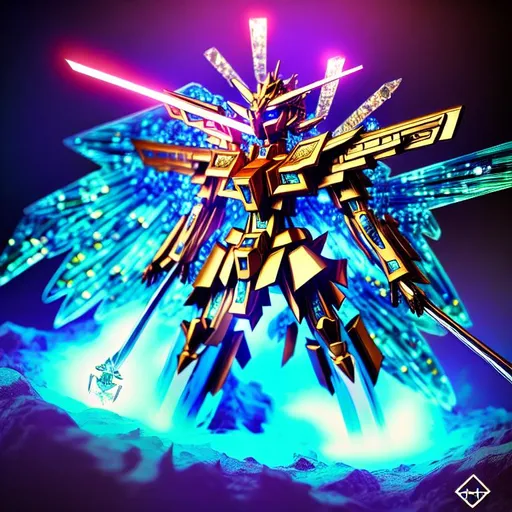 Prompt:  highly detailed godly supreme crystal gundam wearing big cross glowing symbol and glowing scythe, in a luscious forest, rhads, beeple, alphonse mucha,  clever global illumination, highly detailed and intricate environment, explosion of crystals, madhouse studio, hdr crystals