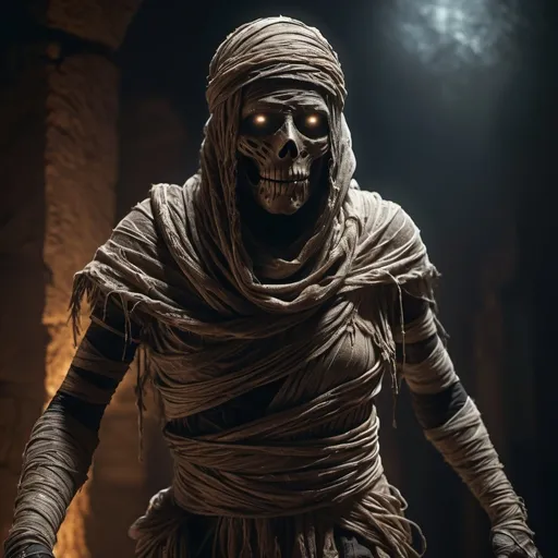 Prompt: Dark fantasy walking mummy, detailed textures, high res, 4k, covered face, bandaged body, eerie glowing eyes, decaying flesh, mysterious aura, high quality, detailed, dark fantasy, ancient, eerie lighting, full body