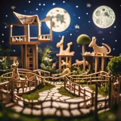 Prompt: Tiny wooden zoo at night, the moon, animals 