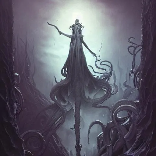 Prompt: Beautiful Eldritch Goddess of Horrors, digital art, fantasy, magic, trending on artstation, illustration by Seb McKinnon and Peter Mohrbacher, ultra detailed, atmospheric, inspired on Lovecraft