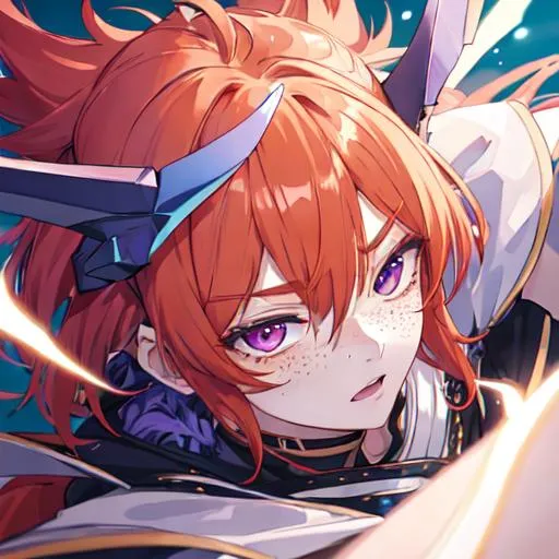 Prompt: Erikku male adult (short ginger hair, freckles, right eye blue left eye purple) UHD, 8K, Highly detailed, insane detail, best quality, high quality, anime style, tired