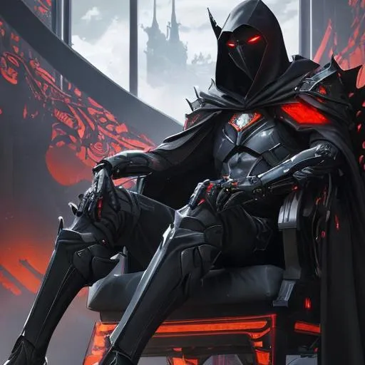 Prompt: An abnormally tall and lanky humanoid hunched over in nanotech armor with spines and metal protrusions. He has a black cape and is sitting ominously on a floating mechanical chair. His face is covered with a metal mask with beady glowing red eyes under a black hood. behance HD