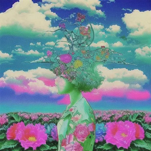 Prompt: Vaporwave, aesthetic, flowers, collage, psychodelic art, 80's colors, clouds, nature, peace, chill, fancy