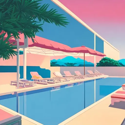 Prompt: poolside with tropical dusk in style of Hiroshi Nagai painting with the 
