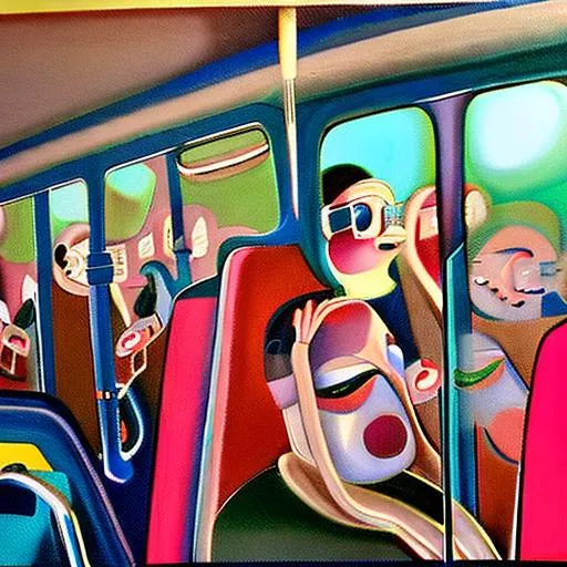 Prompt: Riding on a Public bus crowded listening to music while everyone is vibing and enjoying the day. Painting, abstract, realism, detailed 