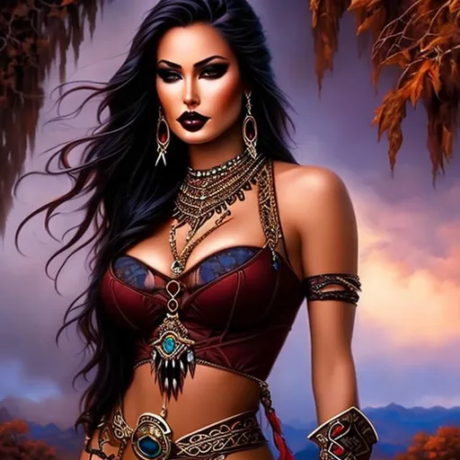 Prompt: Attractive native american woman, J. Scott Campbell, oil painting, the highest quality masterpiece, gothic makeup, full body