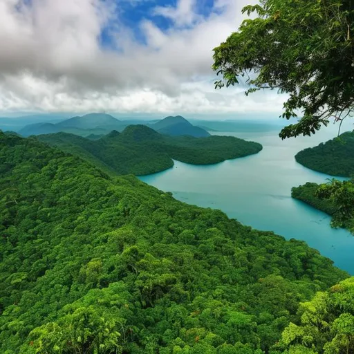 Prompt: An above view of a rainforest, a lake is visible