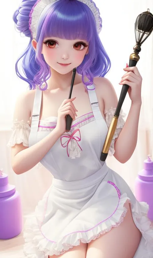 Prompt: vibrant hair, frilly apron only, lace cloth, mole under eye, mole on body, indoors, holding magic wand, ethereal girl, ((full body)) {{good looking}} {{cute}} {{good body}} {{tight}}, symmetrically colored hair, {{shadows}},
