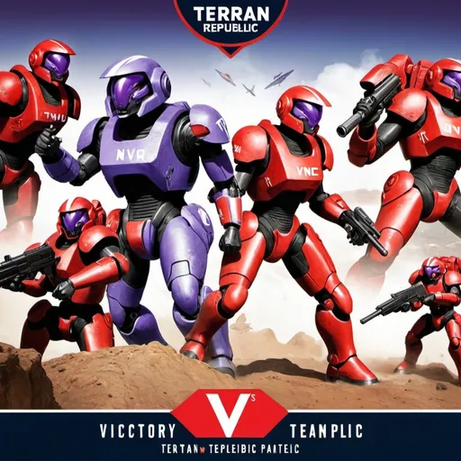 Prompt: "Design a 1950s-style propaganda poster depicting the powerful red TR (Terran Republic) team crushing and defeating the purple VS (Vanu Sovereignty) team. The TR soldier should be bold, dynamic, and dominant, using classic wartime imagery like a powerful fist or boot. The VS and NC team should appear weak and defeated under the force of the TR. Include a short slogan at the top in bold, vintage typography: 'Victory Through Strength.' Use a retro color palette with an emphasis on red for the TR, while the VS and NC colors should be subdued and secondary."