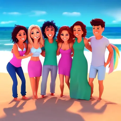Prompt: Friends Beautiful happy on beach animation