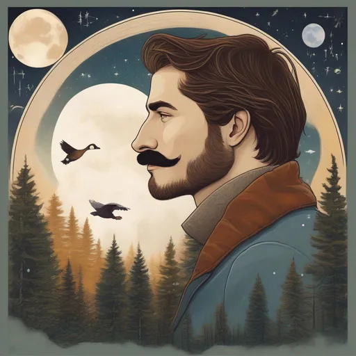 Prompt: A profile beautiful and colourful picture of a handsome man with brunette hair and a mustach, is surrounded by Sitka Spruce trees, a brown bear, and a goose in flight, framed by the moon and constellations, in a painted style