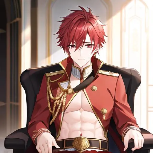 Prompt: Zerif male (Red half-shaved hair covering his right eye) 4k, wearing a royal uniform, hand over his chest, bowing