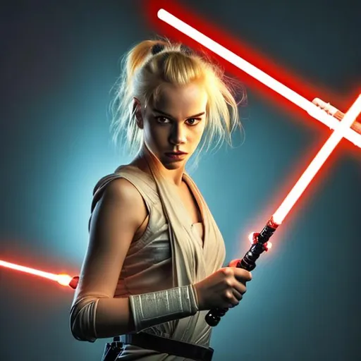 Prompt: woman with blonde hair lightsaber 