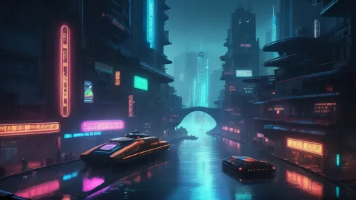 Prompt: futuristic cityscape, there semi-circular harbor carved out of the edge of the city, night, rain, heavy rain, tiny neon signs, reflective street surfaces, in the art style of blade runner, hovercraft, realistic water, looking down from above, coruscant, 